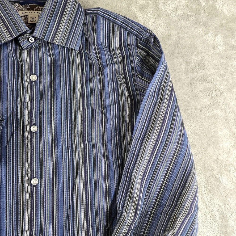Vintage Banana Republic Shirt Mens Medium 15/15.5 Blue Striped Contrast Cuffs